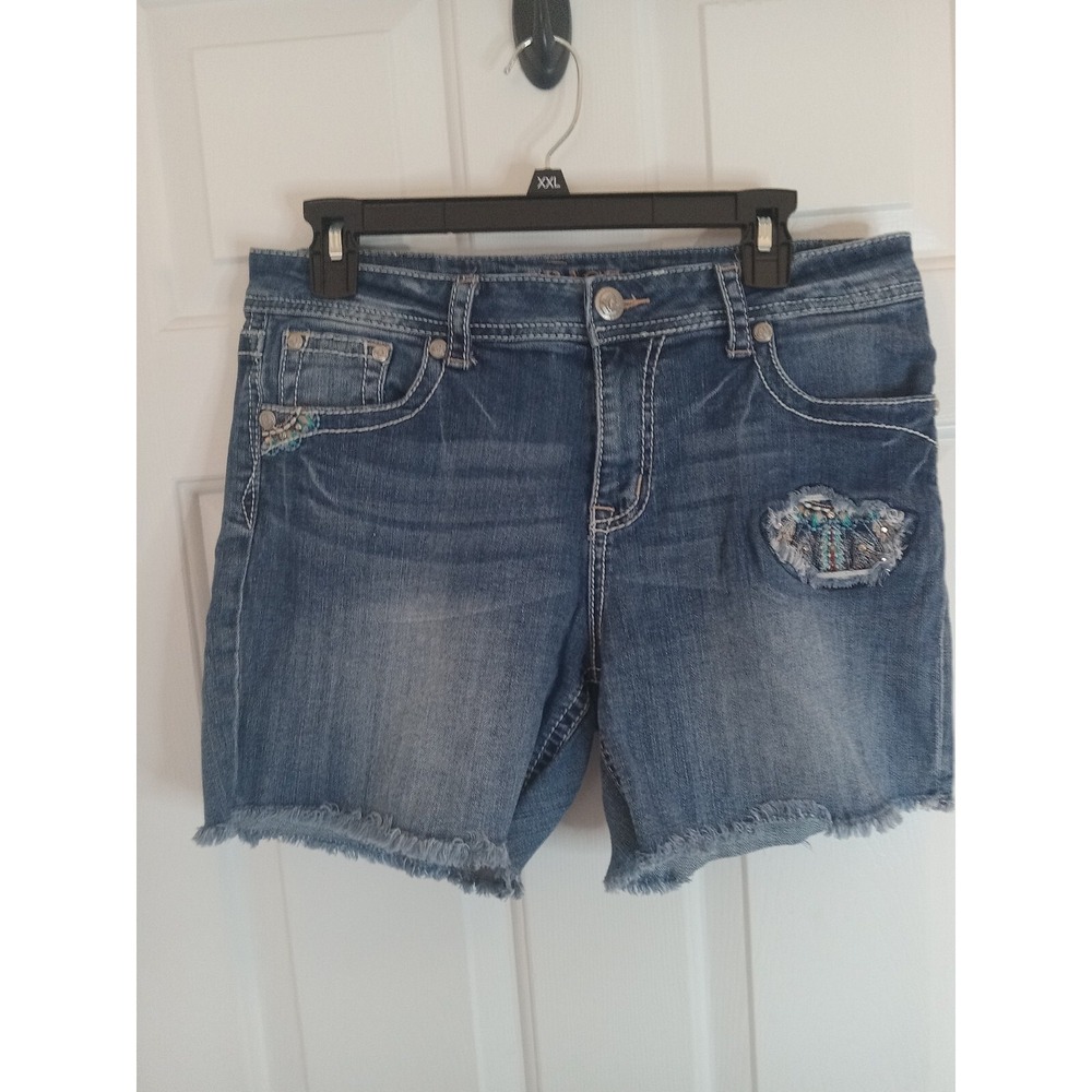 GRACE in LA Cutoff Denim 6" Shorts Embroidered Feathers Rhinestone Distressed 31